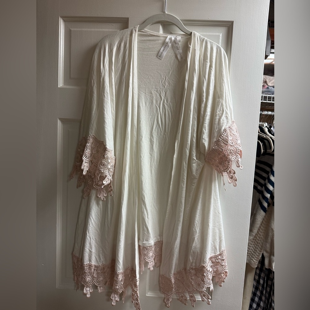 Pretty Plum Sugar Bridal Robe - Ivory with Pink Lace Detail - XS/S